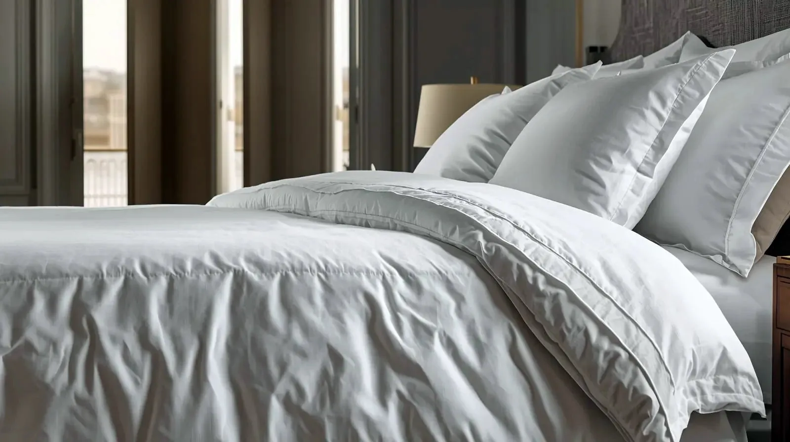 White cotton percale 300TC pillows and duvet cover on a bed by a window
