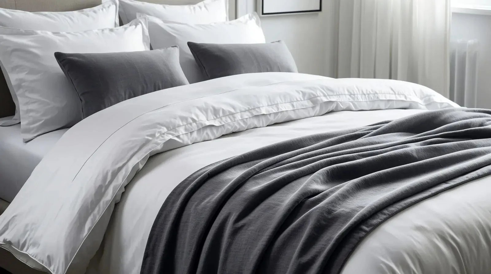 A bed in white polycotton percale 200TC with grey pillows and a charcoal throw