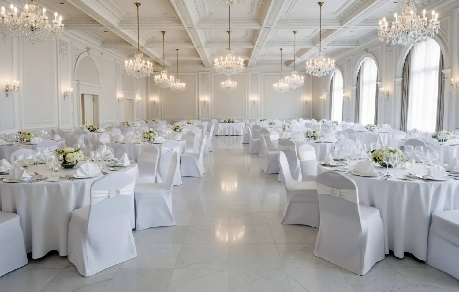 Round tables dressed in white table linen in an event hall