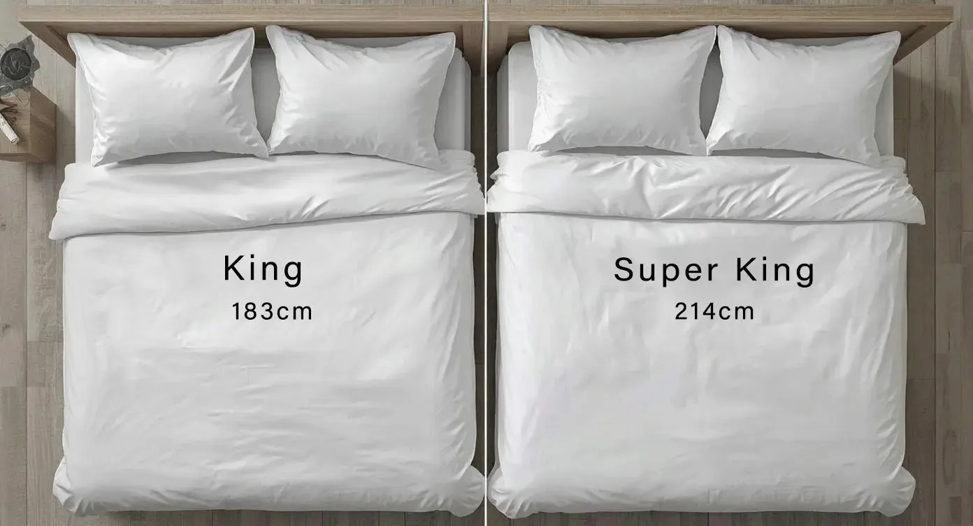 King and Super King beds side by side from above, labelled 183 cm and 214 cm wide
