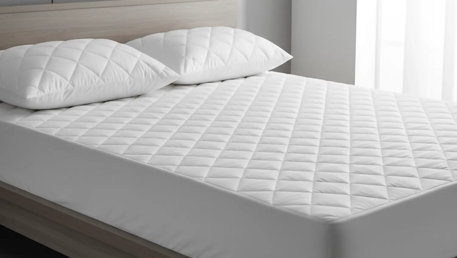 A quilted mattress protector and pillow protectors on a bed