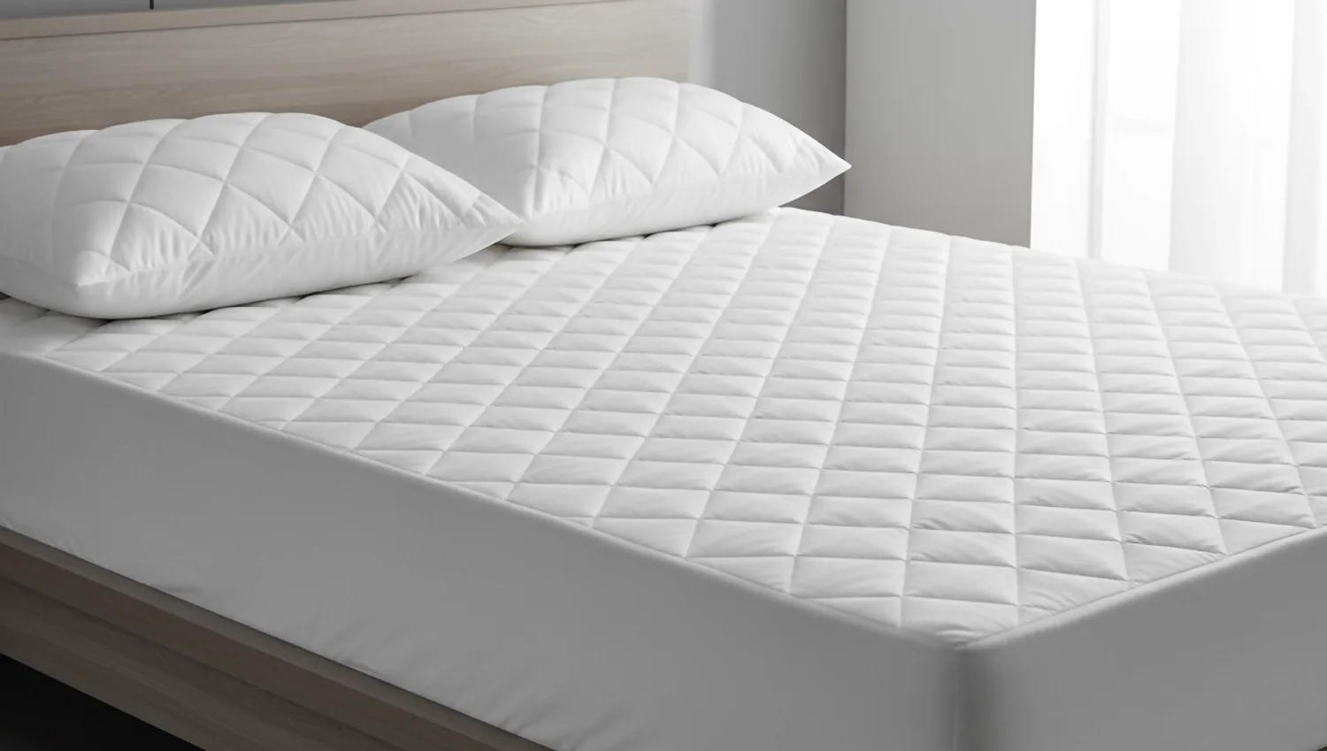 A quilted mattress protector and pillow protectors on a bed