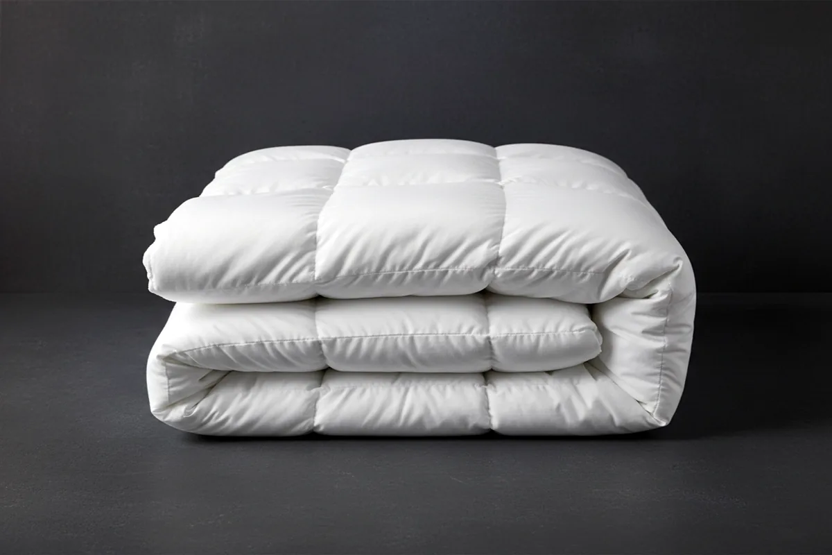 A rolled white duvet inner