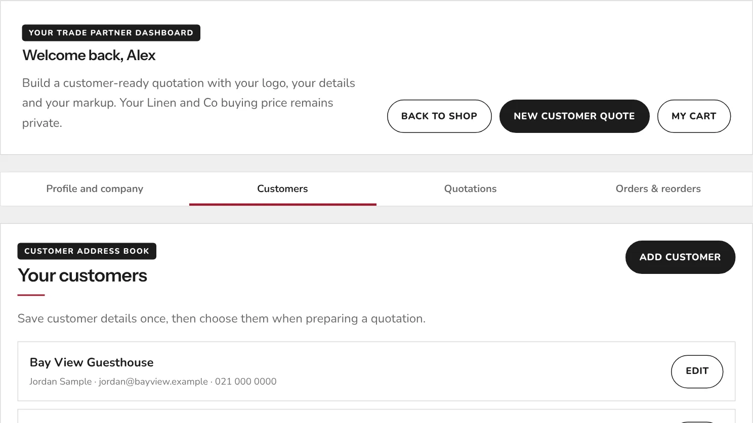 The reseller dashboard showing the customer address book