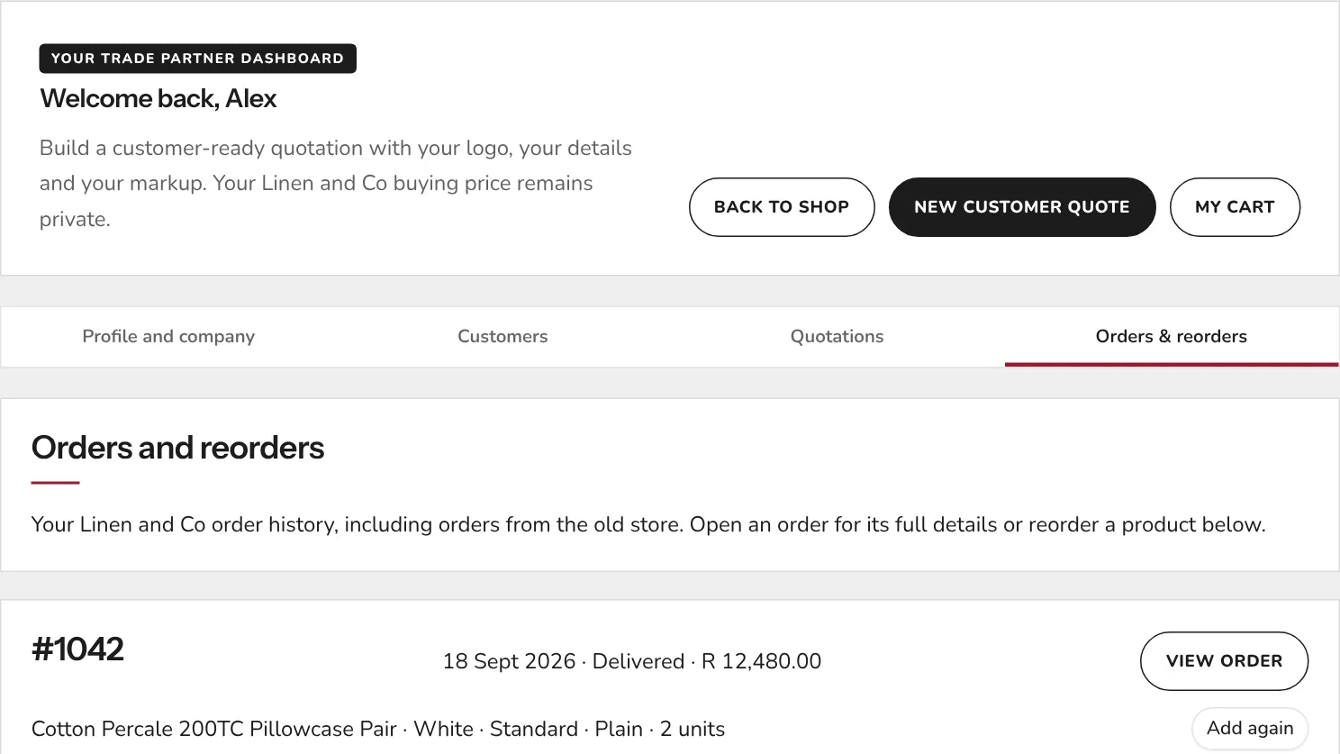 The reseller dashboard showing orders with an add again button on each product