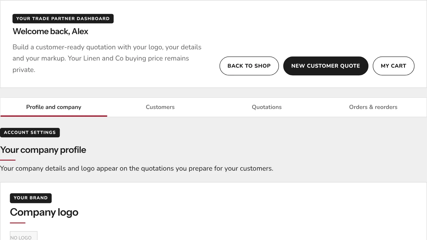 The reseller dashboard showing the company profile with logo and company details