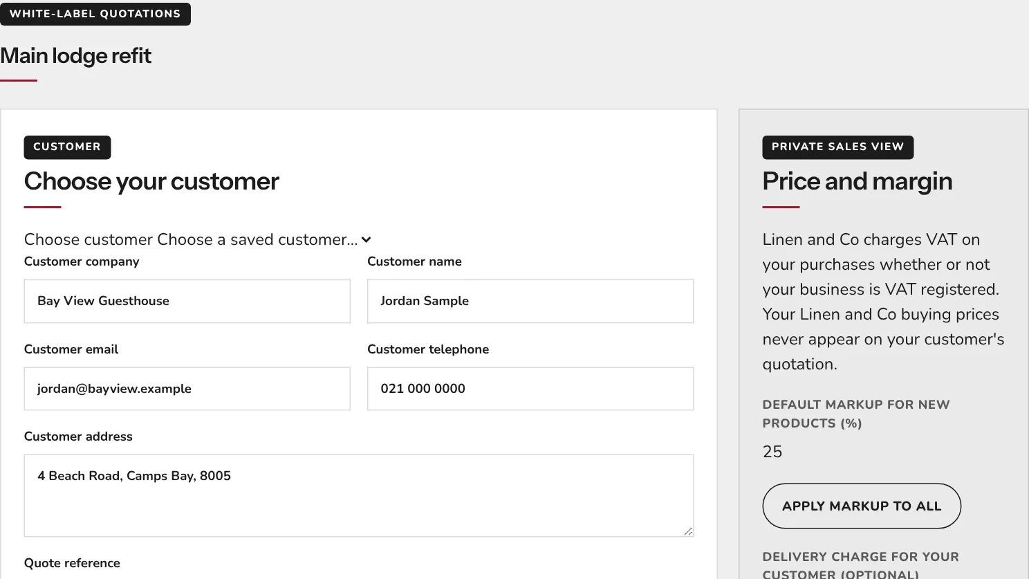 The reseller dashboard showing a customer quotation with the private price and margin view