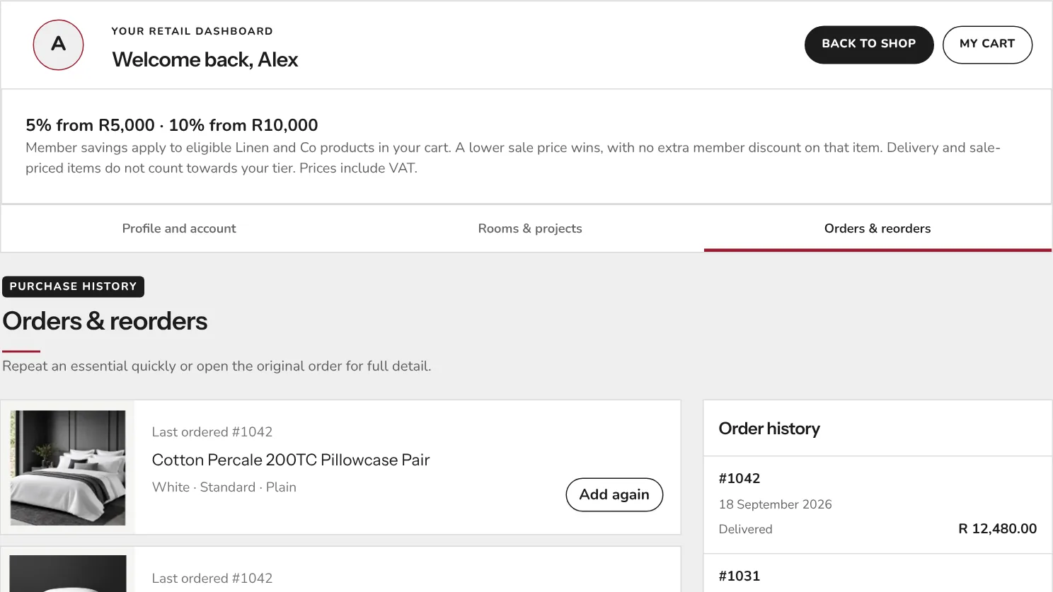 The home dashboard showing recent orders with an add again button on each product