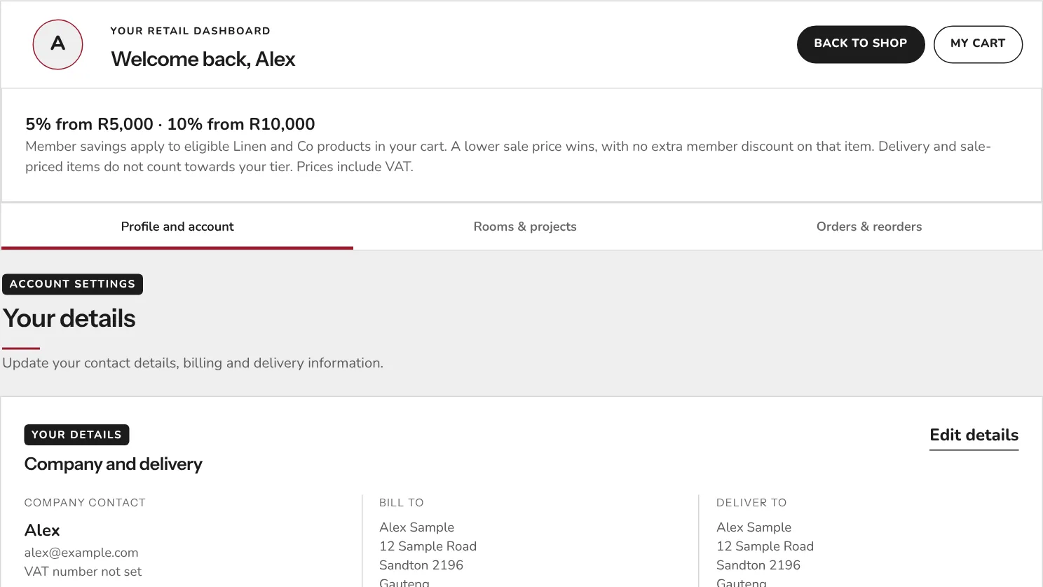 The home dashboard showing the member savings and the contact and delivery details