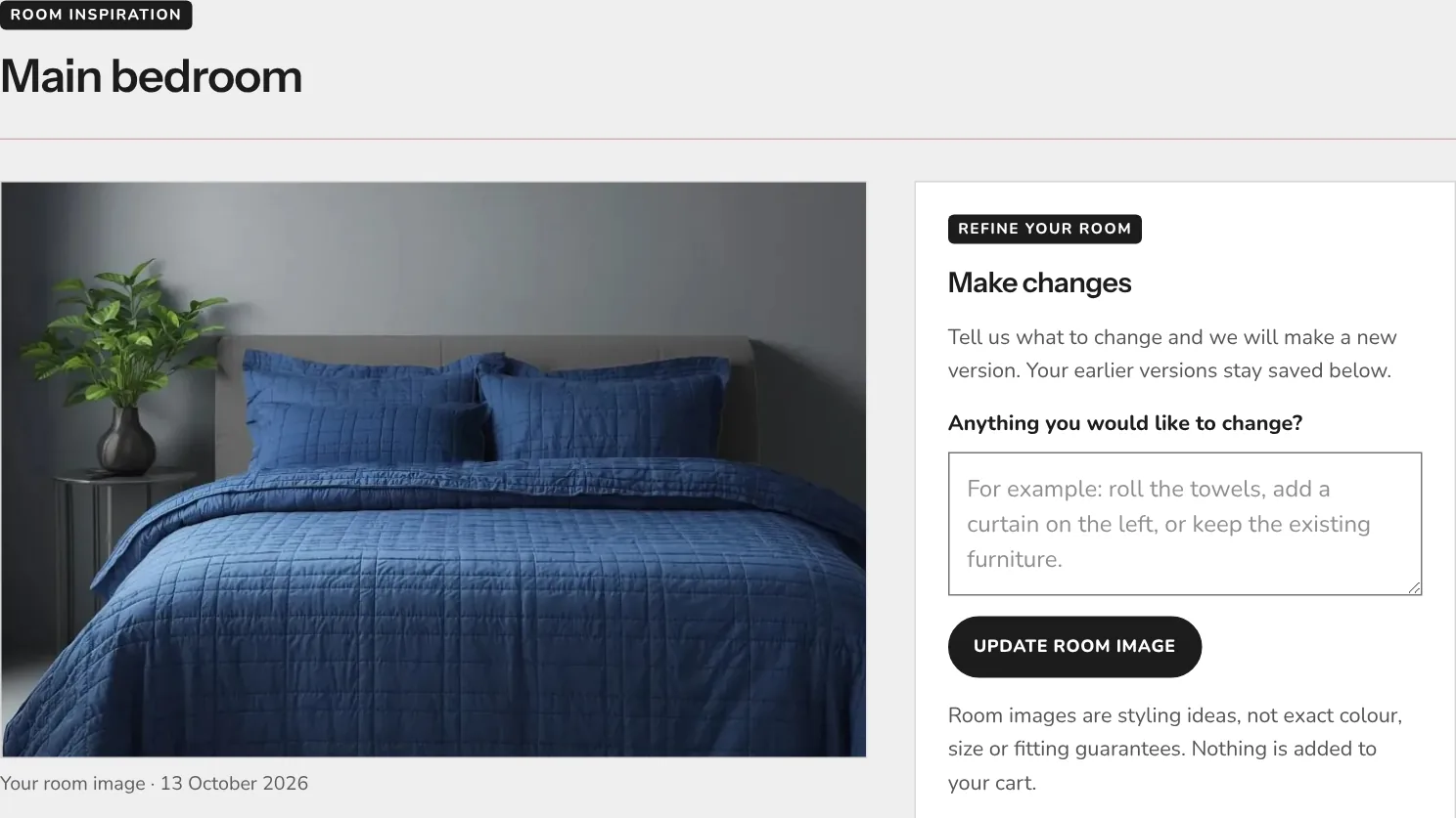 The home dashboard showing a bedroom styled with a navy quilted bedspread, with a box to ask for changes