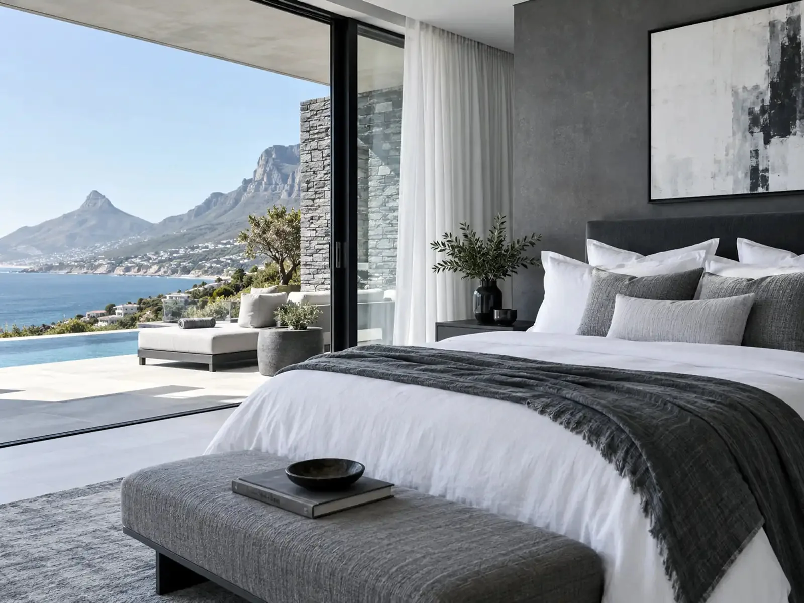 A luxury bedroom with Linen and Co white bed linen, a grey throw and a view of the mountains