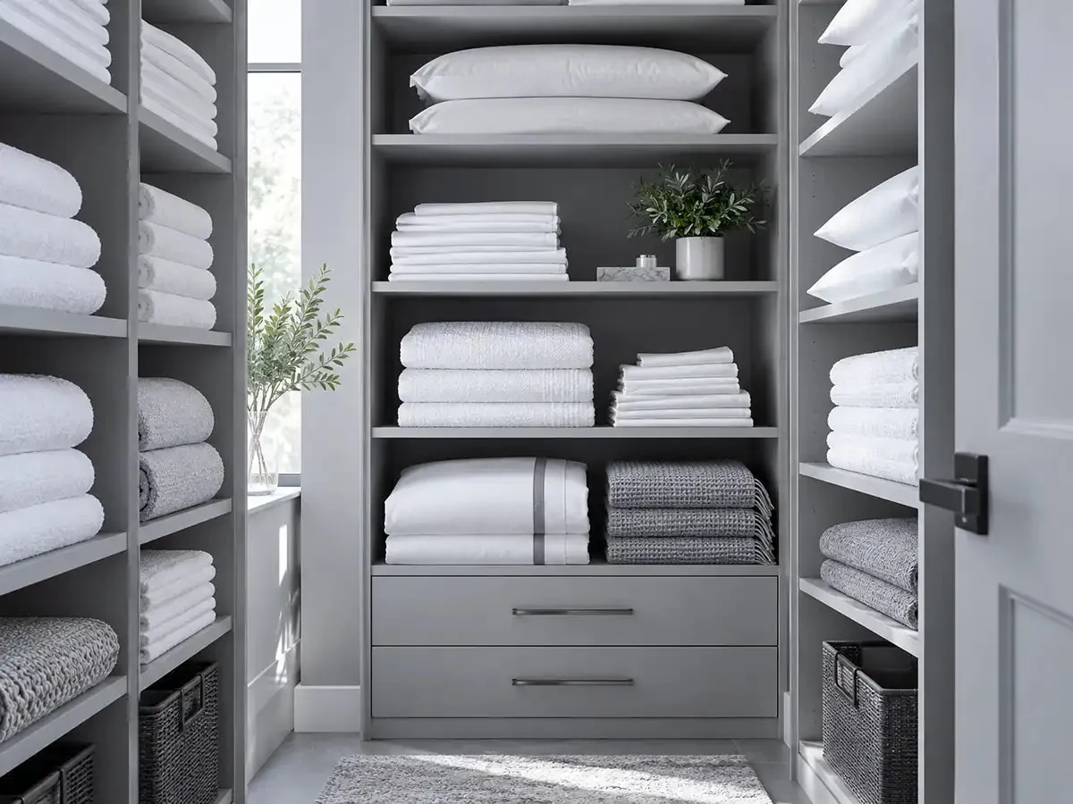 A linen cupboard of folded white sheets and towels