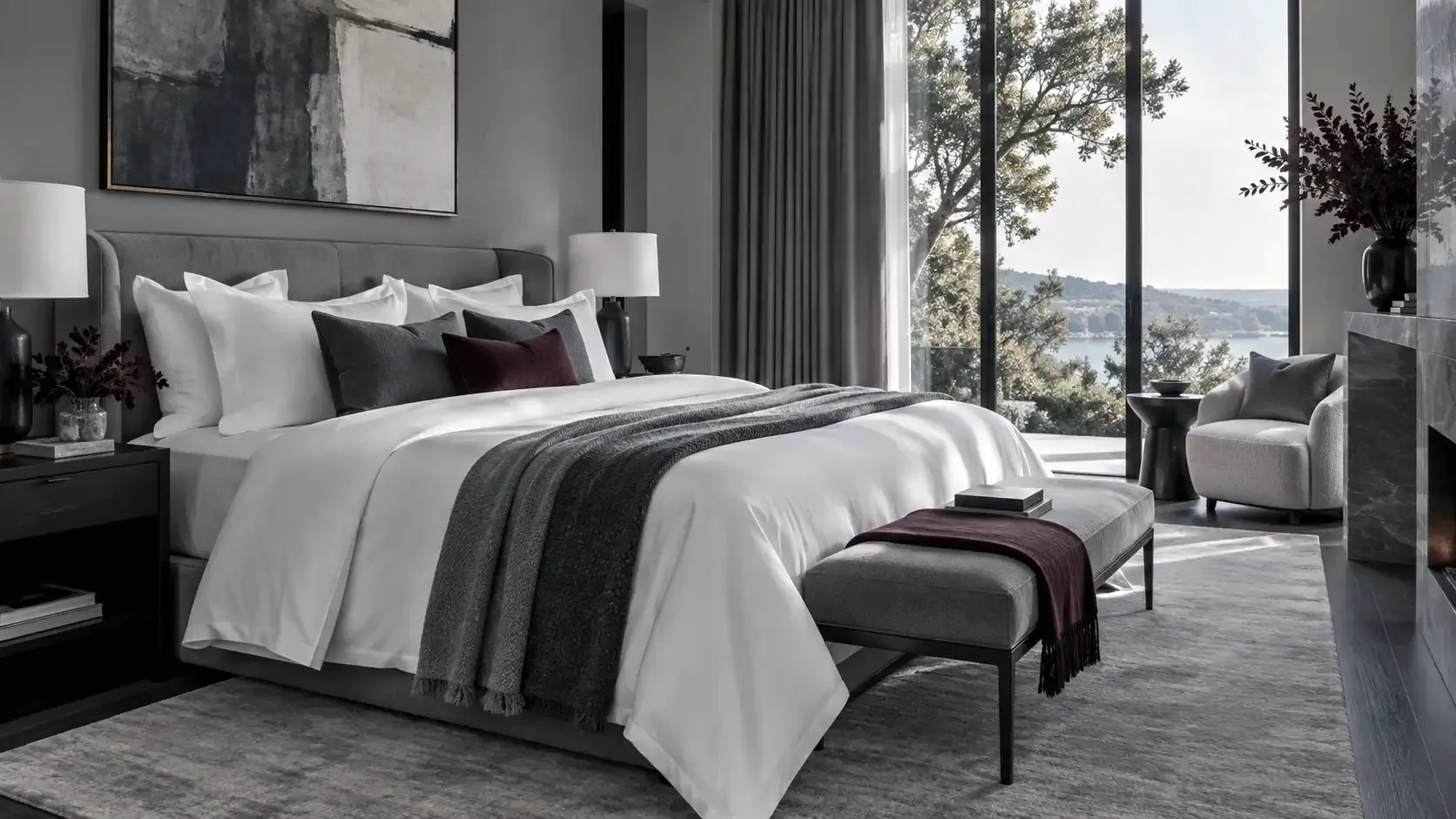 A bedroom in cool grey and white styled with Linen and Co bed linen