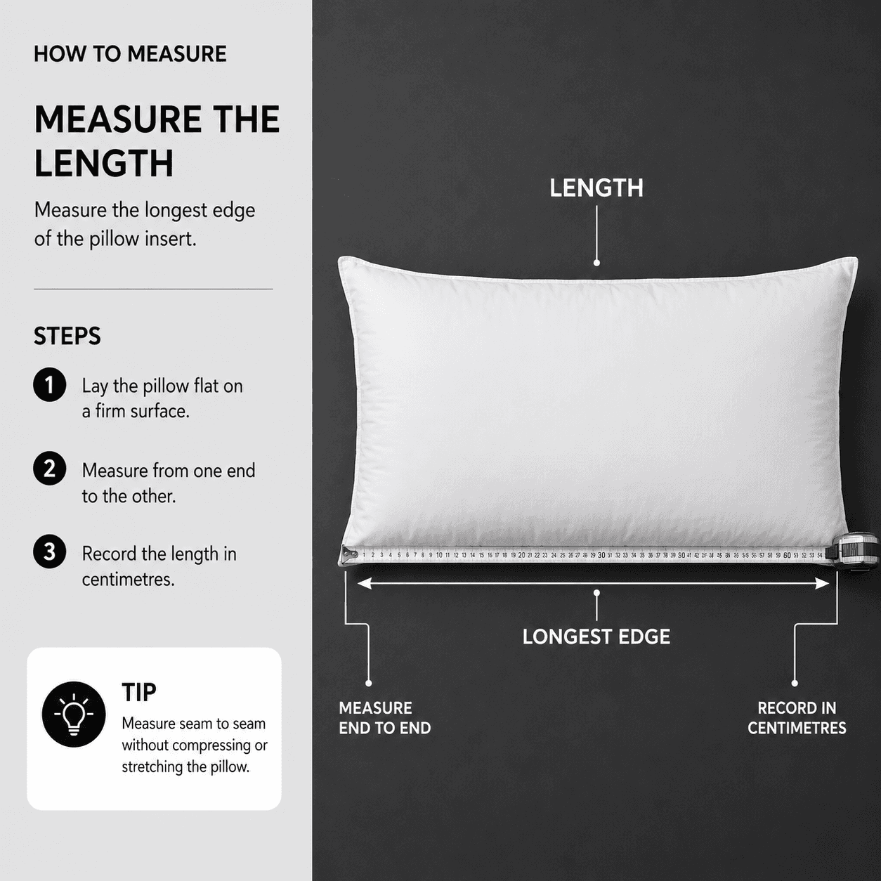 How to measure the length of a pillow insert: lay it flat and measure from one end to the other