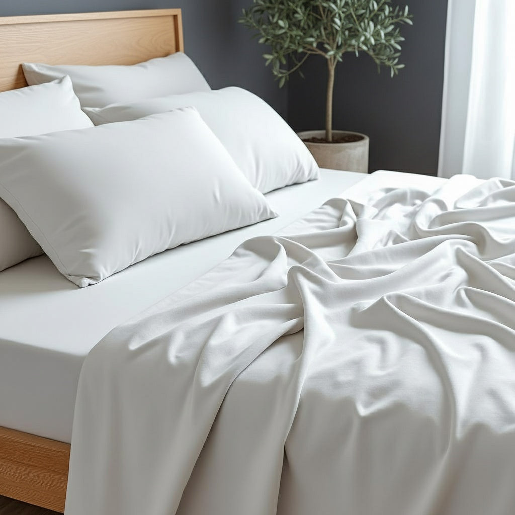 White cotton percale flat sheet draped elegantly on a wooden bed frame, showcasing luxurious texture and quality. Premium hospitality-grade bedding with soft folds, set against a dark grey wall with a minimalist olive tree accent.
