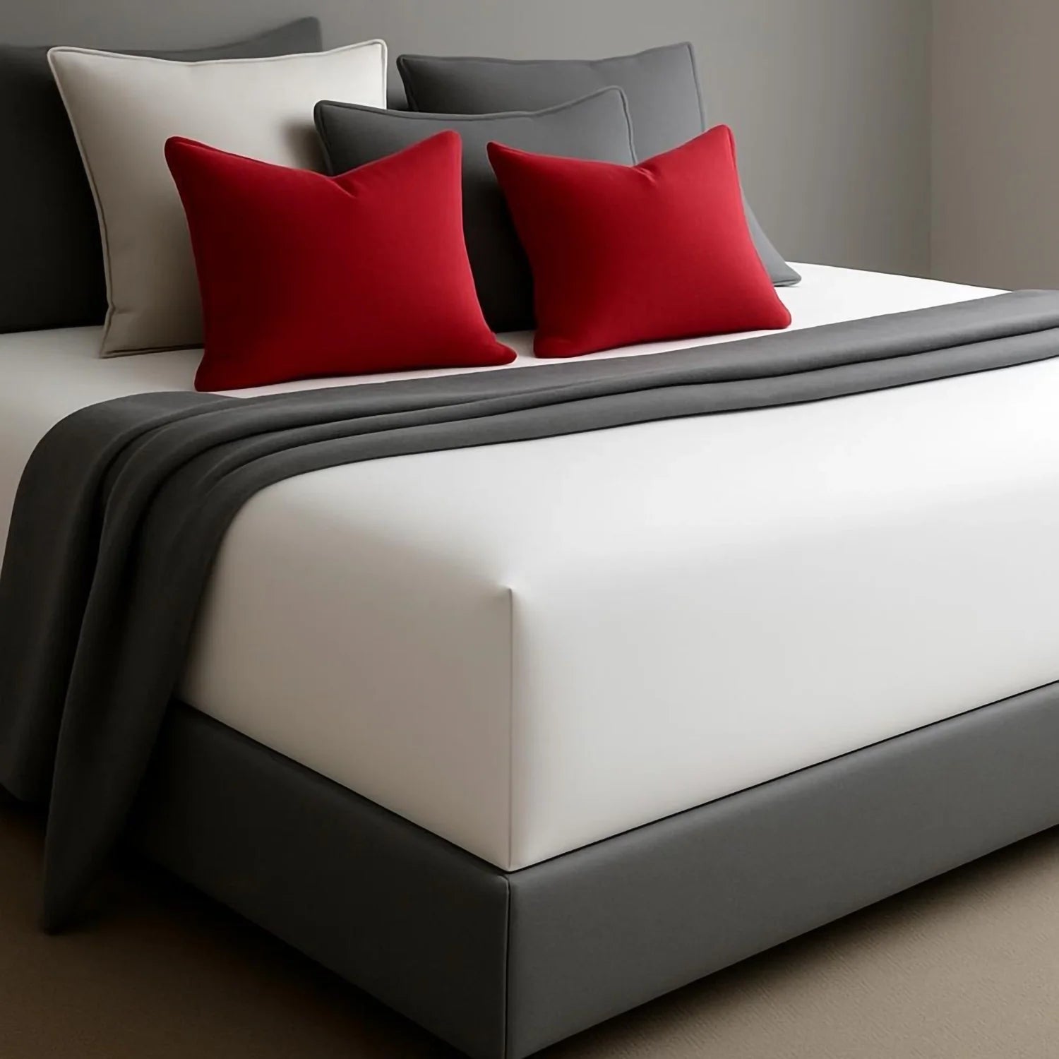 Red and Grey Scatter Pillows on a bed with a white sheet
