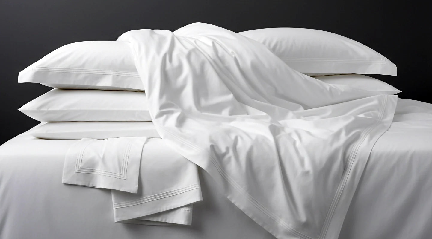 White cotton percale bed 300tc linen by Linen and Co, styled with matching pillowcases and folded bedding for a premium hospitality and home.