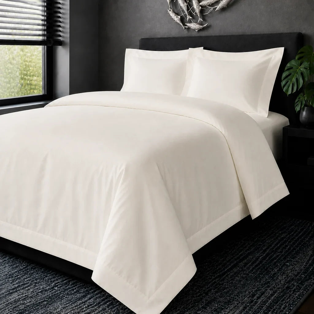 Cream cotton 200TC Oxford duvet cover set with cream one-row satin stitch – hero view | Linen & Co
