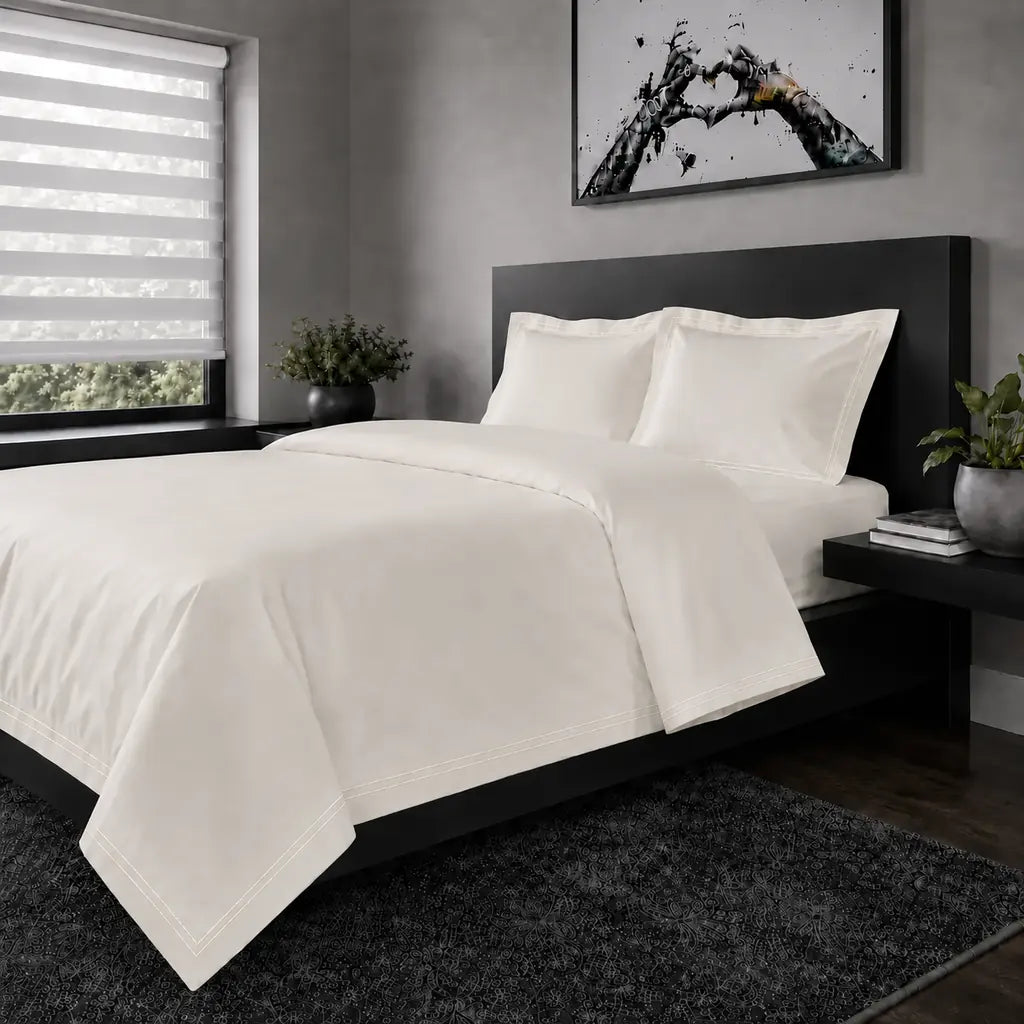 Cream polycotton percale 200TC Oxford duvet cover set with cream two-row satin stitch - Linen and Co