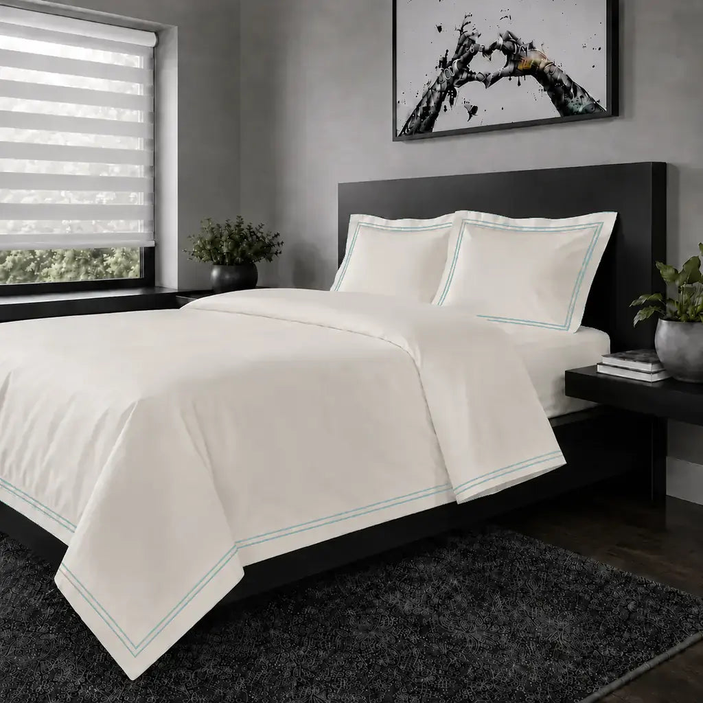 Cream polycotton percale 200TC Oxford duvet cover set with Duck Egg two-row satin stitch - Linen and Co