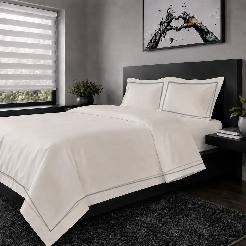 Cream polycotton percale 200TC Oxford duvet cover set with grey one-row satin stitch - Linen and Co