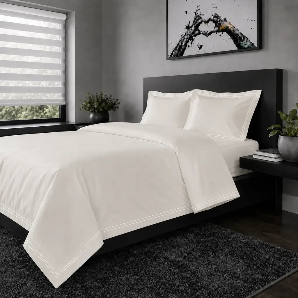 Cream polycotton percale 200TC Oxford duvet cover set with white two-row satin stitch - Linen and Co