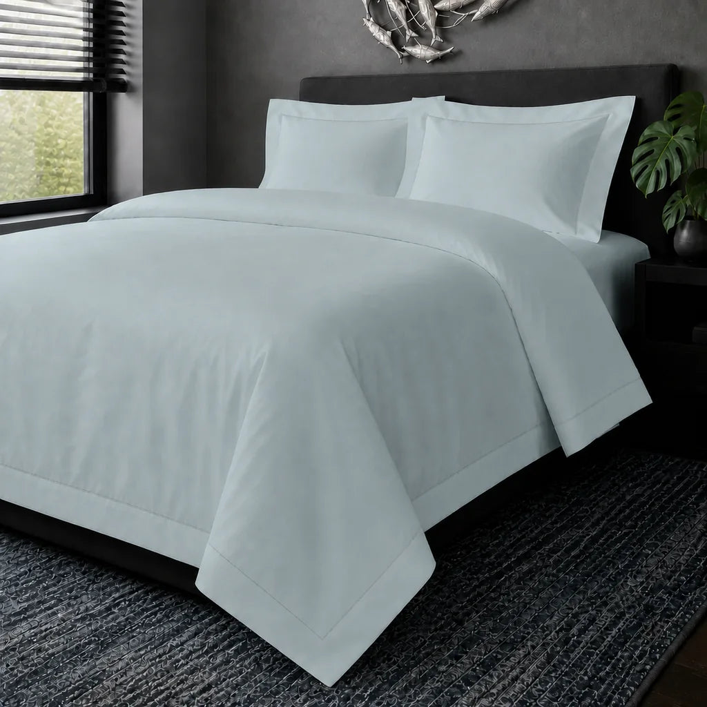 Duck Egg cotton 200TC Oxford duvet cover set with Duck Egg one-row satin stitch – hero view | Linen & Co