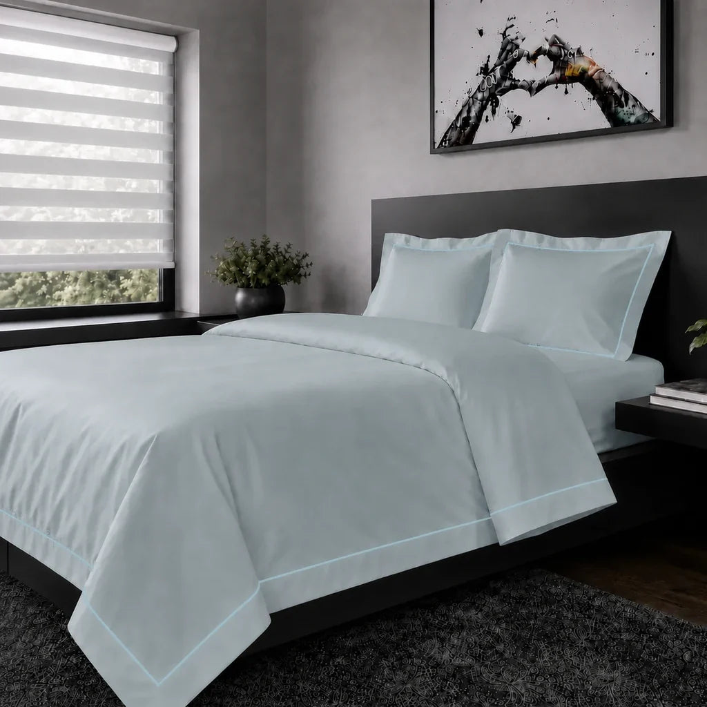 Duck Egg Oxford duvet cover set - Duck Egg One Row Satin Stitch - hero view - Linen and Co