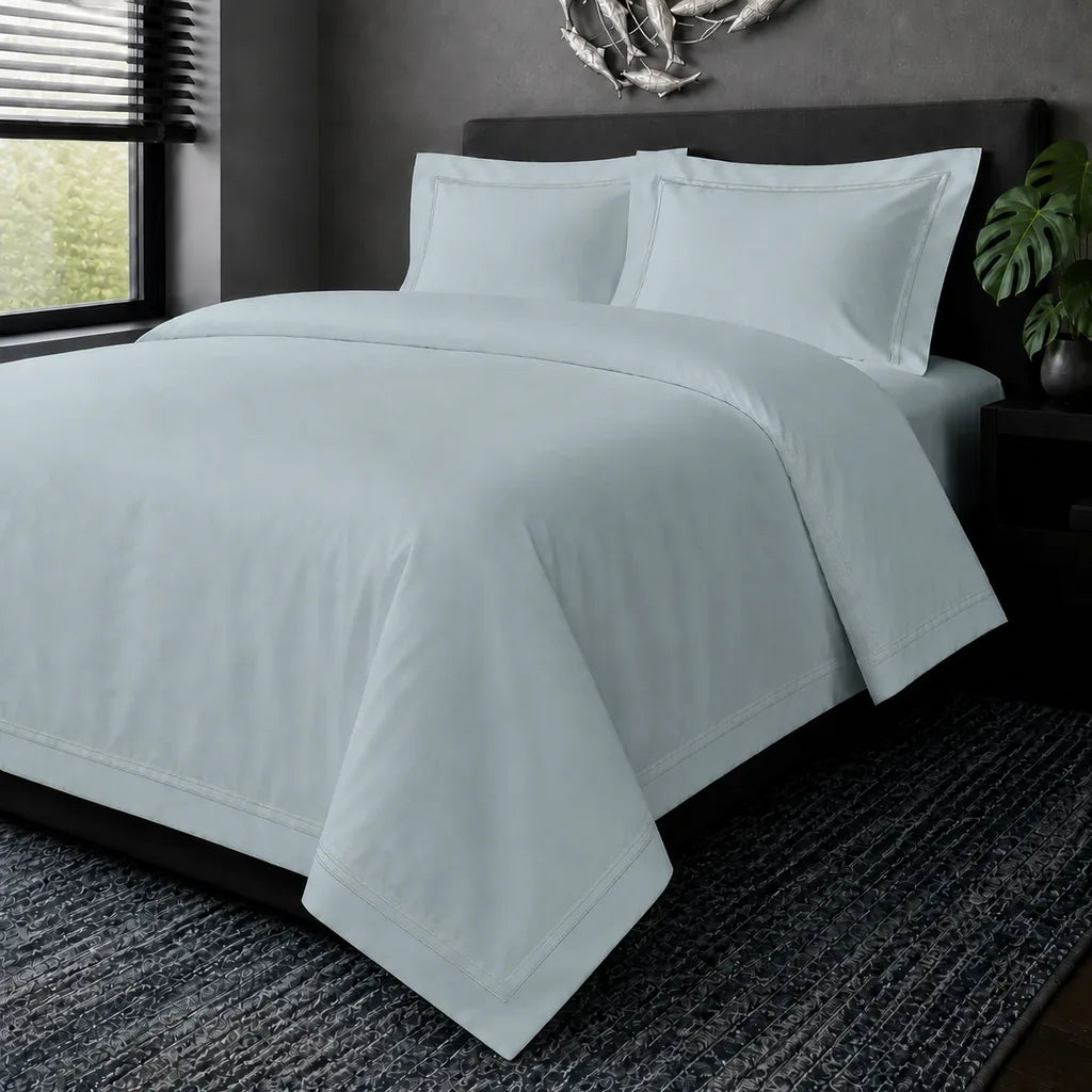 Duck Egg cotton 200TC Oxford duvet cover set with Duck Egg two-row satin stitch – hero view | Linen & Co