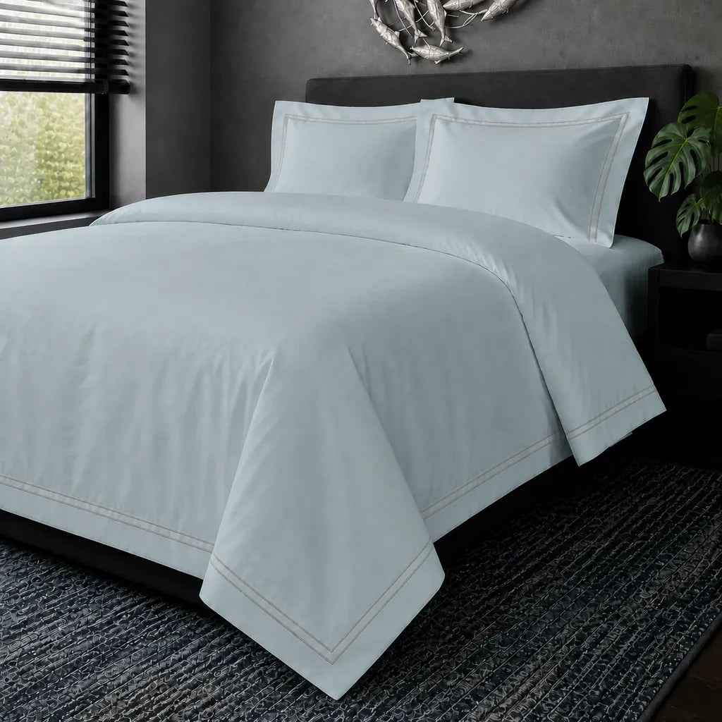Duck Egg cotton 200TC Oxford duvet cover set with stone two-row satin stitch – hero view | Linen & Co