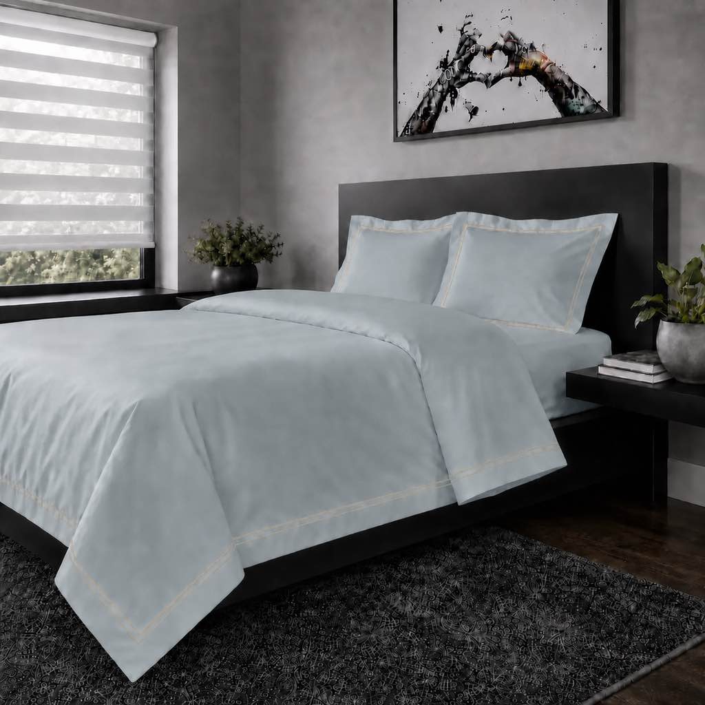 Duck Egg Oxford duvet cover set - Stone Two Row Satin Stitch - hero view - Linen and Co