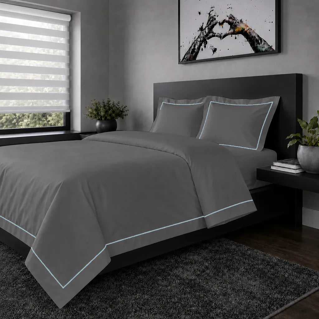 Grey Oxford duvet cover set - Duck Egg One Row Satin Stitch - hero view - Linen and Co