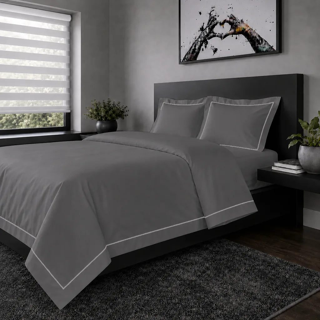 Grey Oxford duvet cover set - Grey One Row Satin Stitch - hero view - Linen and Co