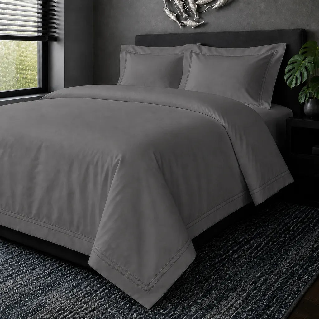 Grey cotton 200TC Oxford duvet cover set with grey two-row satin stitch – hero view | Linen & Co