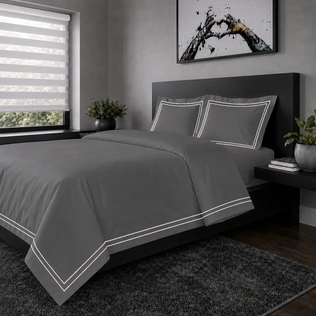 Grey Oxford duvet cover set - Cream Two Row Satin Stitch - hero view - Linen and Co