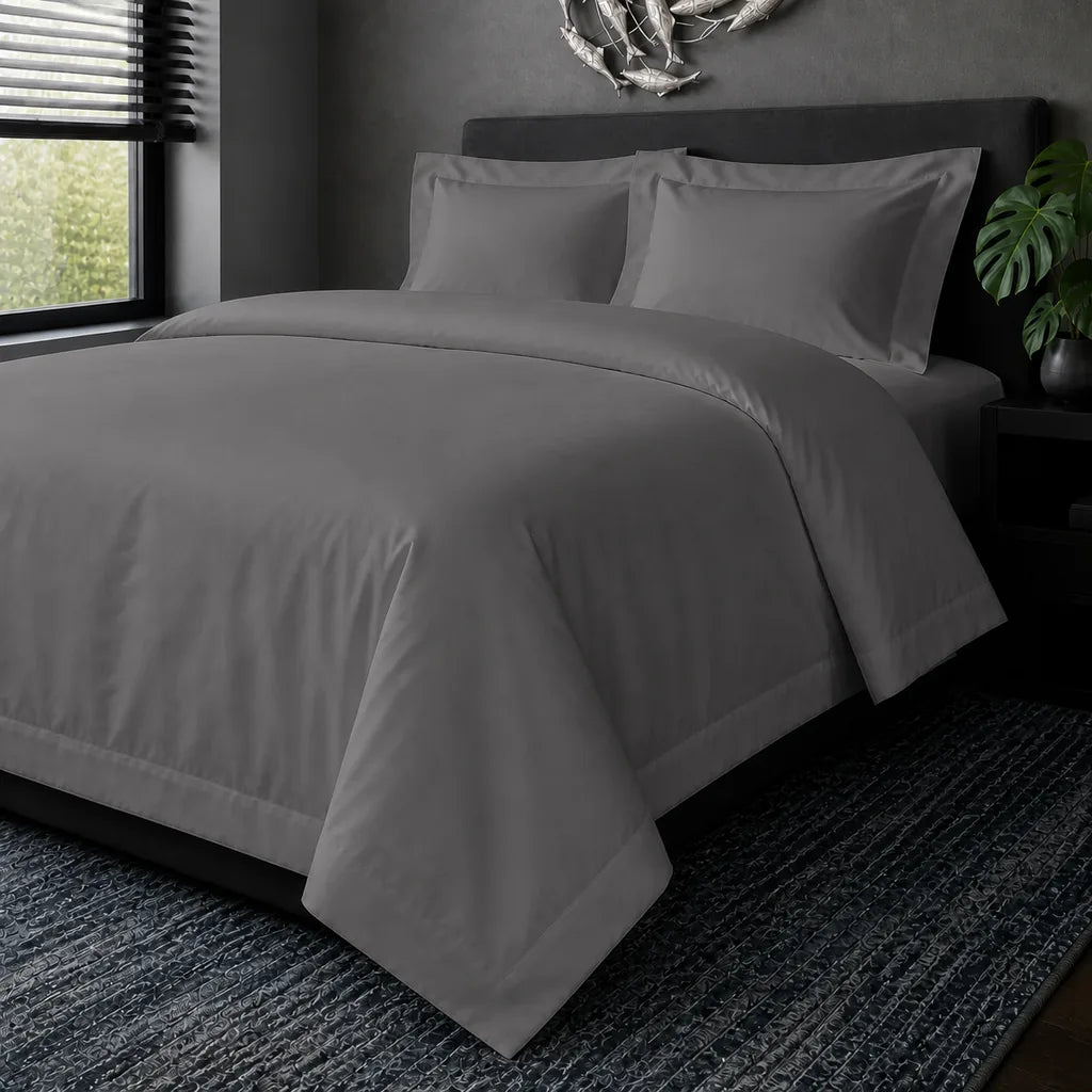 Grey cotton 200TC Oxford duvet cover set, no satin stitch – hero view | Linen & Co