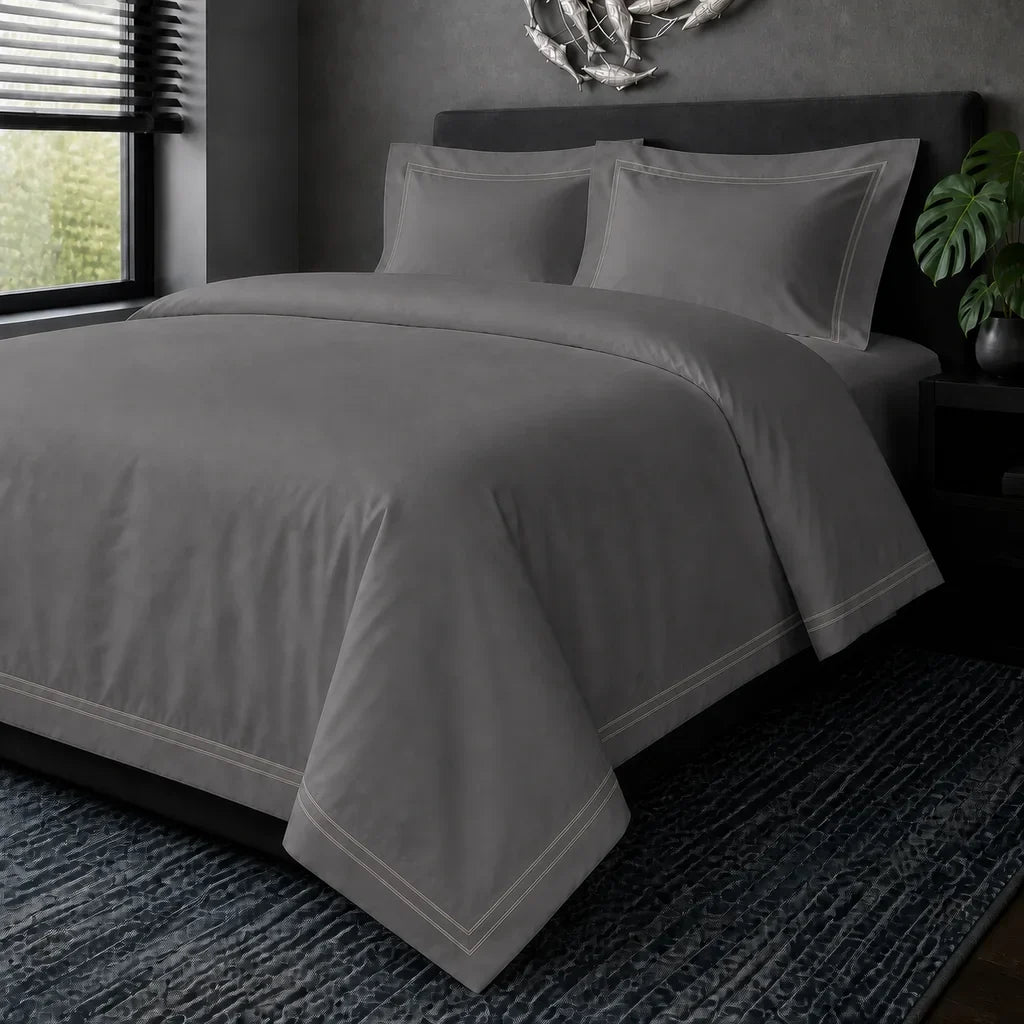 Grey cotton 200TC Oxford duvet cover set with stone two-row satin stitch – hero view | Linen & Co