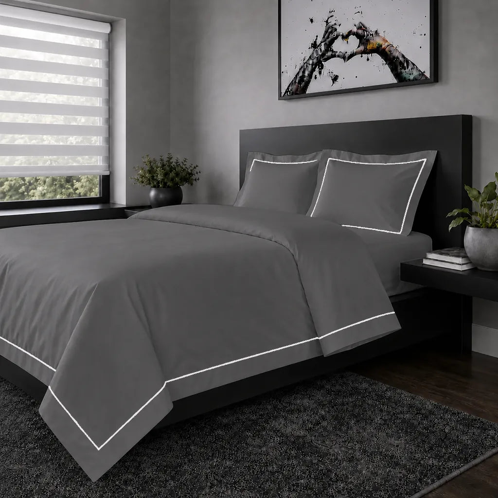 Grey Oxford duvet cover set - White One Row Satin Stitch - hero view - Linen and Co