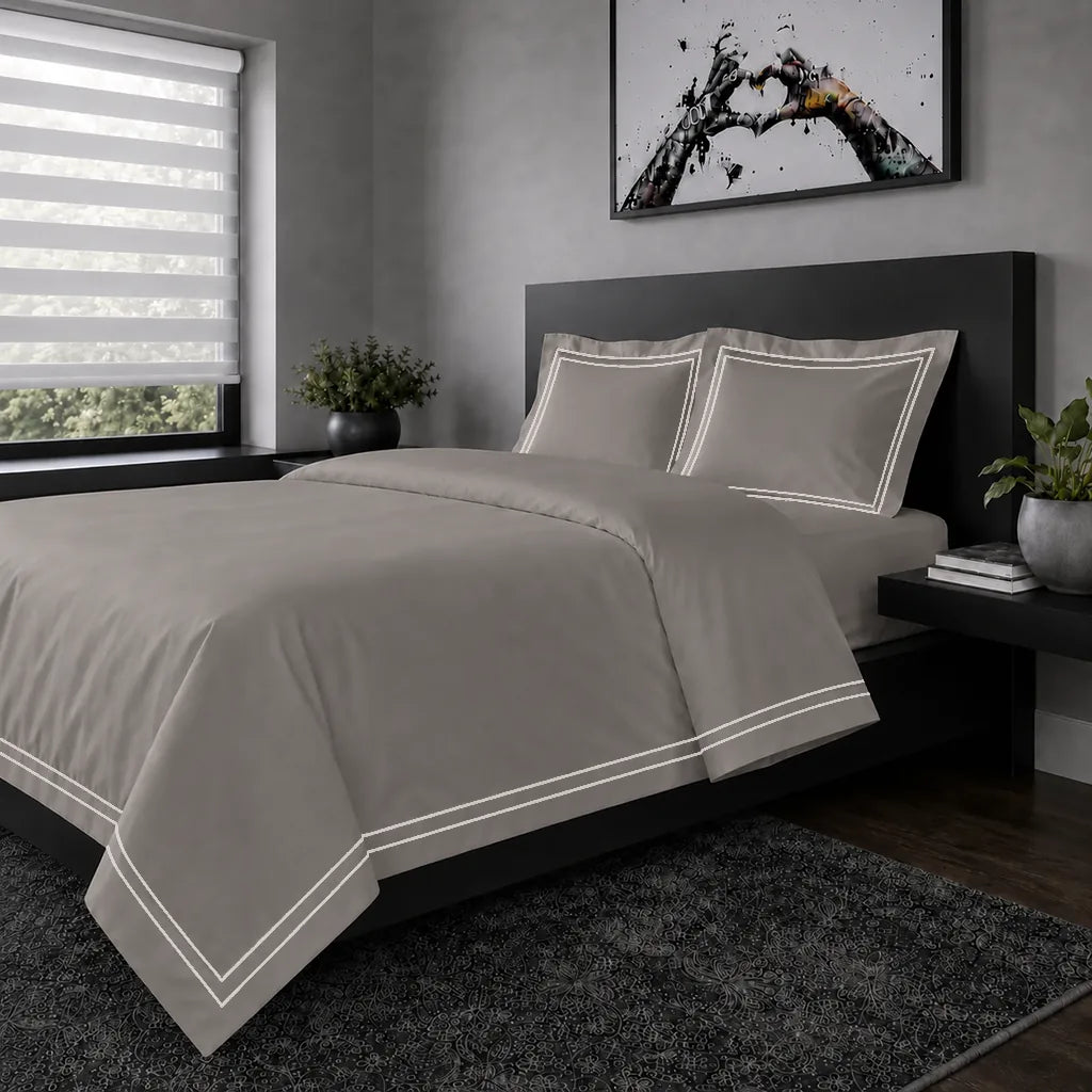 Oxford duvet cover set - Cream Two Row Satin Stitch - hero view - Linen and Co