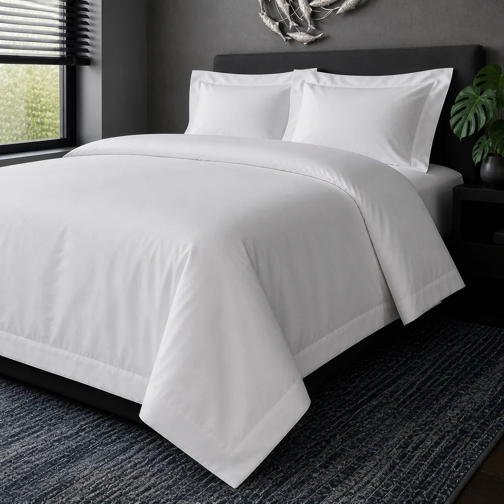 White cotton 200TC Oxford duvet cover set, no satin stitch – hero view | Linen & Co