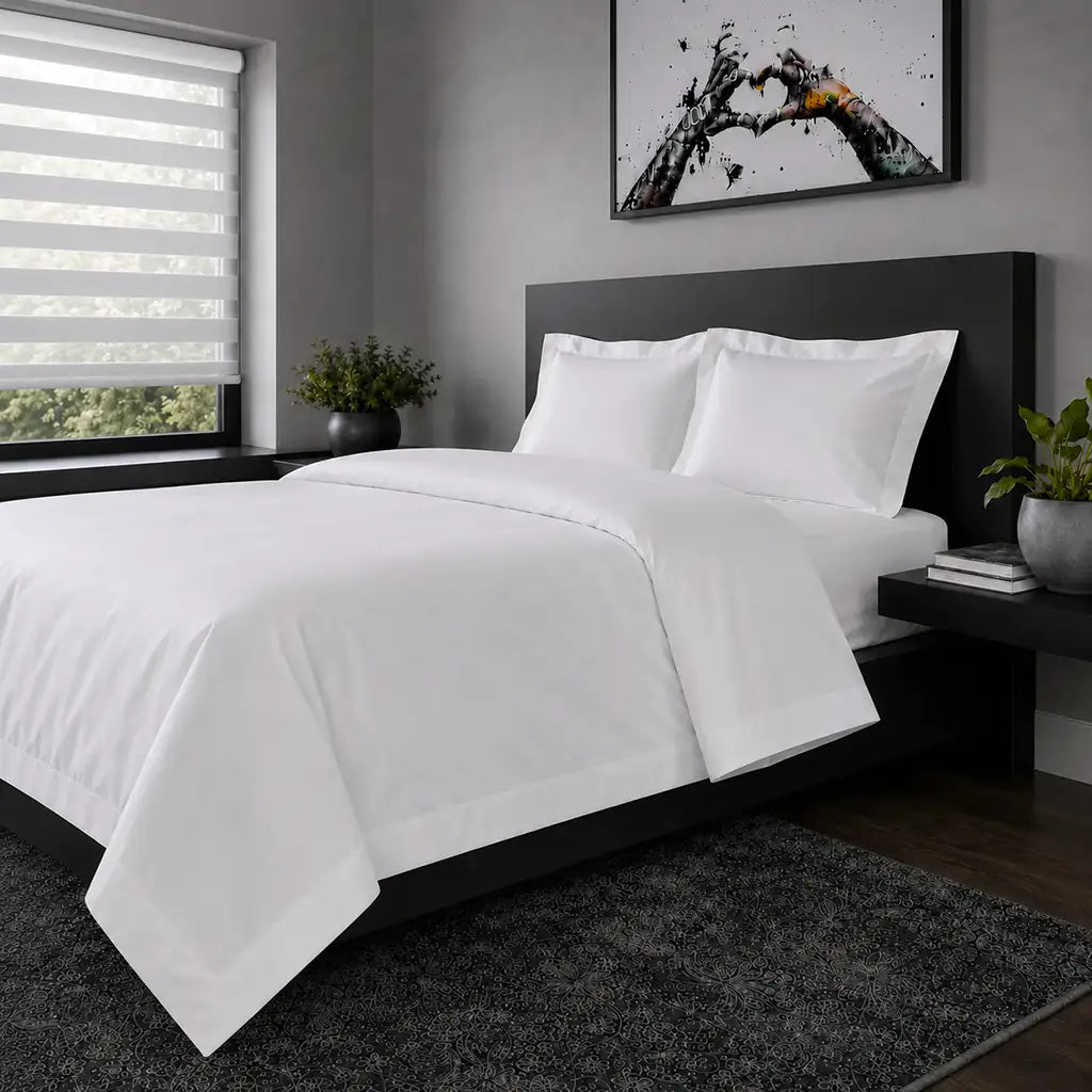 White polycotton percale Oxford duvet cover set, no satin stitch – hero view | Linen & Co