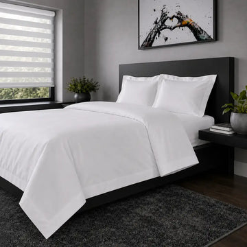 White polycotton percale Oxford duvet cover set, no satin stitch – hero view | Linen & Co