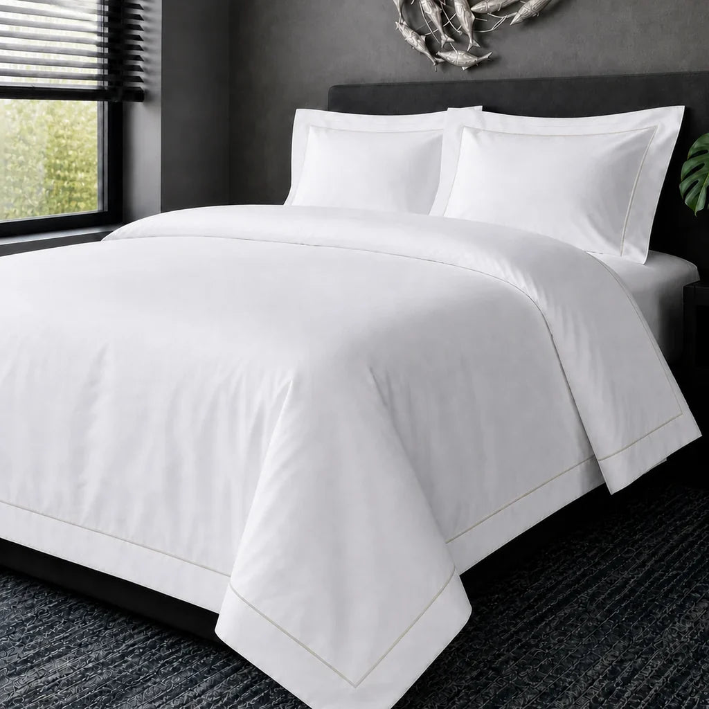 White cotton 200TC Oxford duvet cover set with stone one-row satin stitch – hero view | Linen & Co