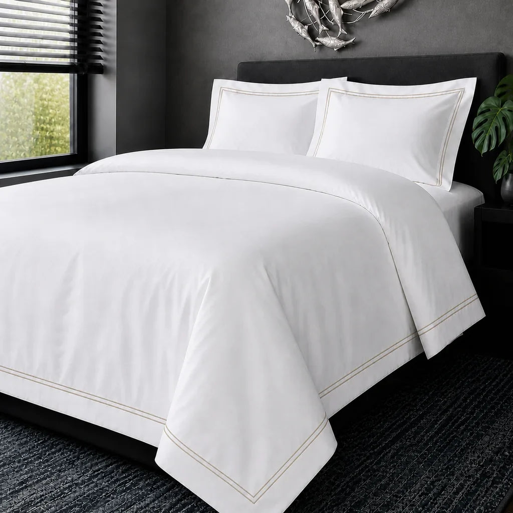 White cotton 200TC Oxford duvet cover set with stone two-row satin stitch – hero view | Linen & Co