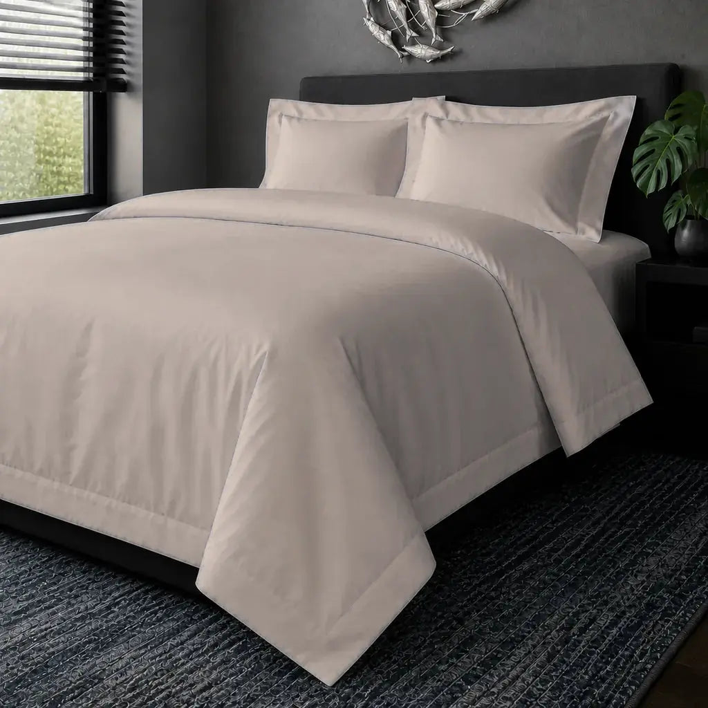 Stone Cotton 200TC Oxford duvet cover set without satin stitch, hero view.