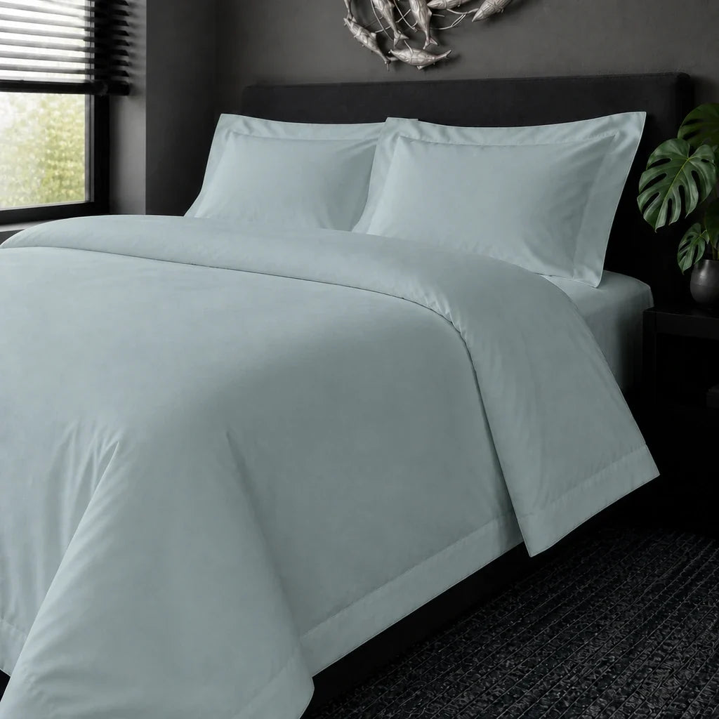 Duck Egg cotton 200TC Oxford duvet cover set, no satin stitch – on the bed view | Linen & Co
