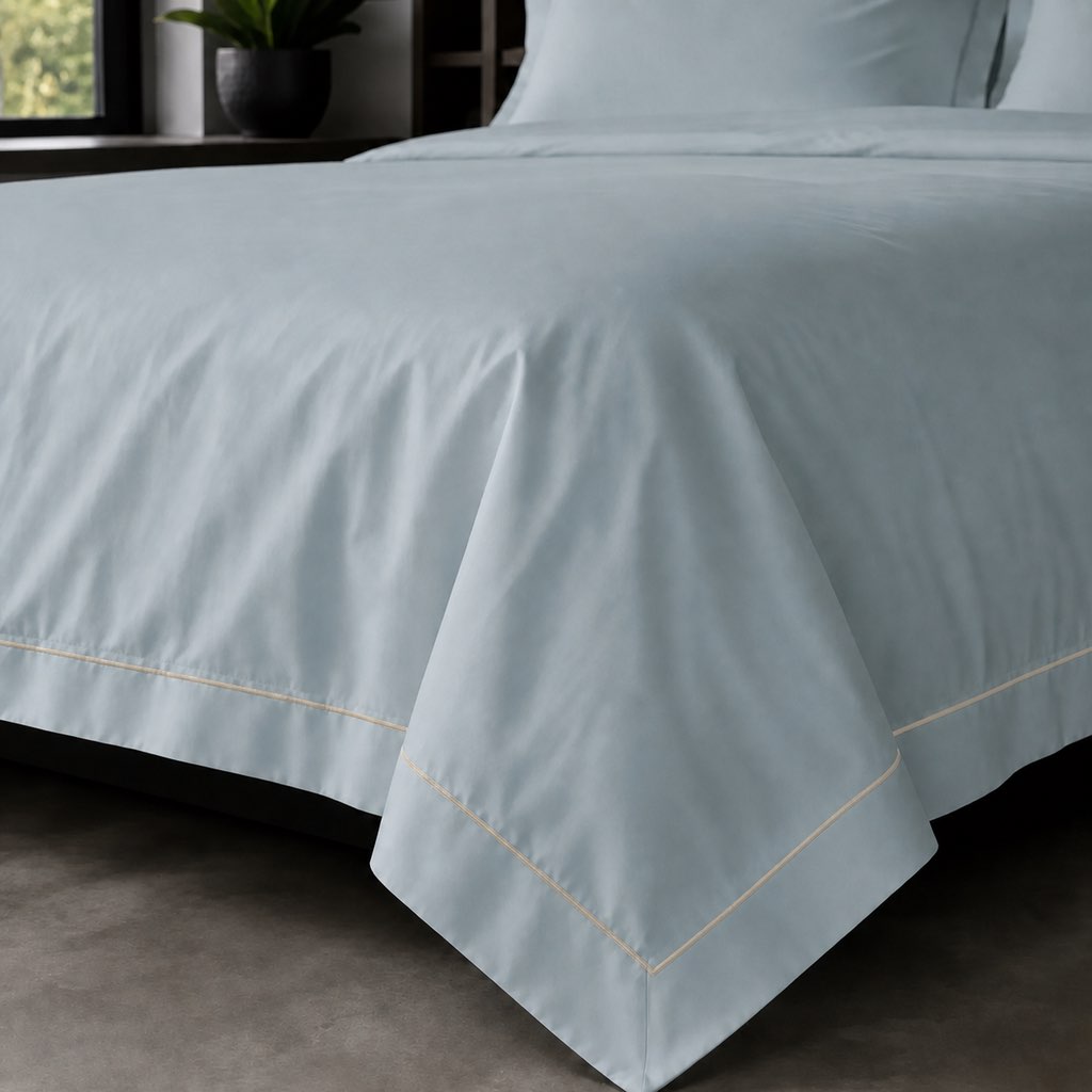 Duck Egg Oxford duvet cover set - Stone One Row Satin Stitch - on-the-bed corner view - Linen and Co