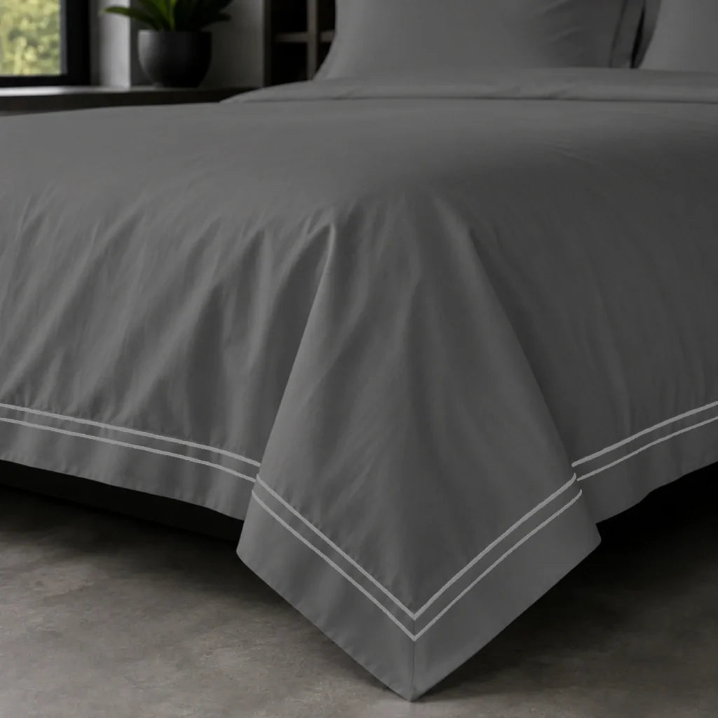 Grey Oxford duvet cover set - Grey Two Row Satin Stitch - on-the-bed corner - Linen and Co