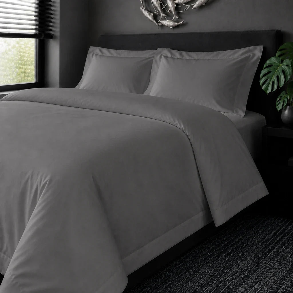 Grey cotton 200TC Oxford duvet cover set, no satin stitch – on the bed view | Linen & Co