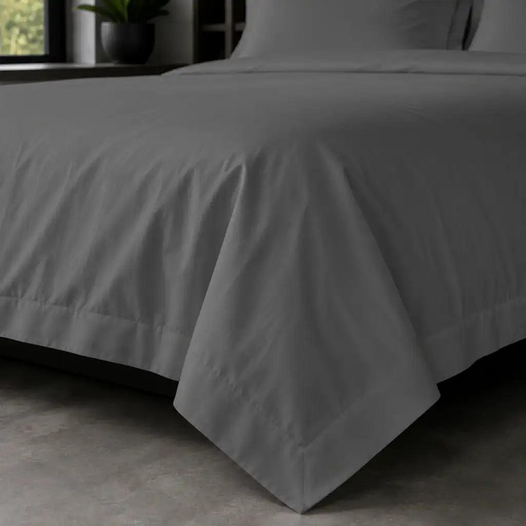 Grey Oxford duvet cover set - No Satin Stitch - on-the-bed corner - Linen and Co